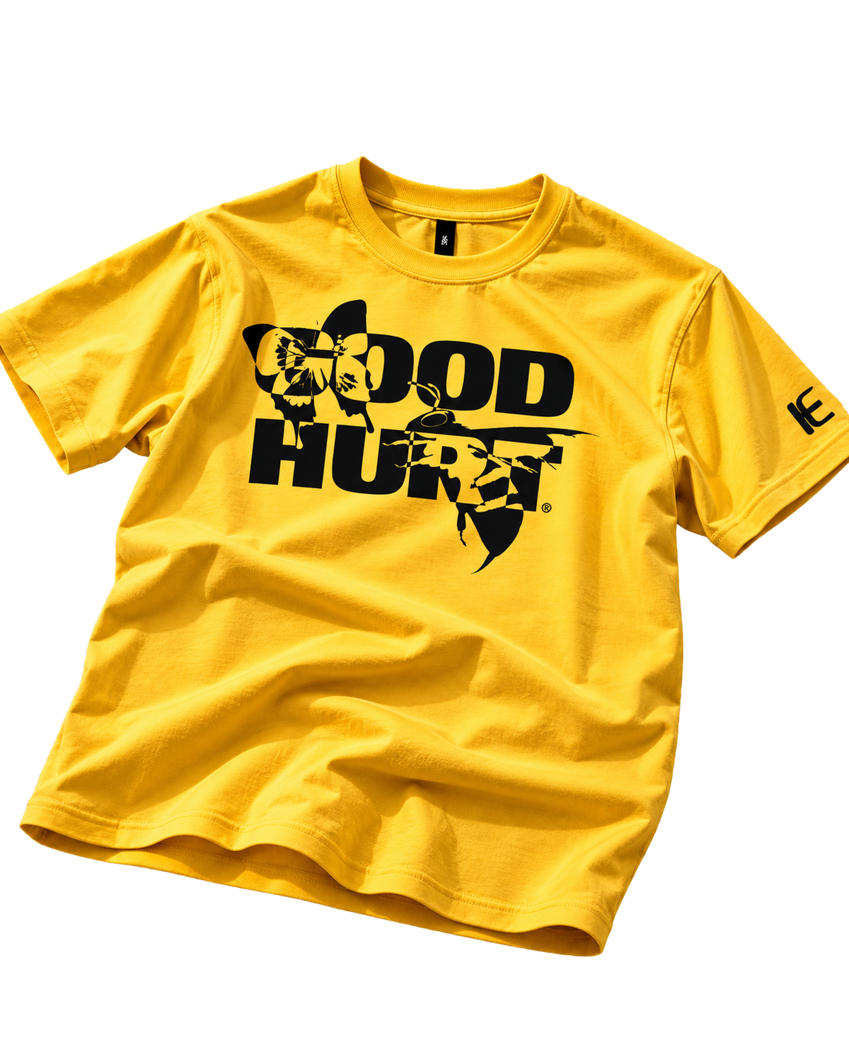 A bright yellow short-sleeve t-shirt with a large black 'GOOD HUNT' graphic on the chest, featuring a deer head silhouette and a bow, shown on a plain white background.