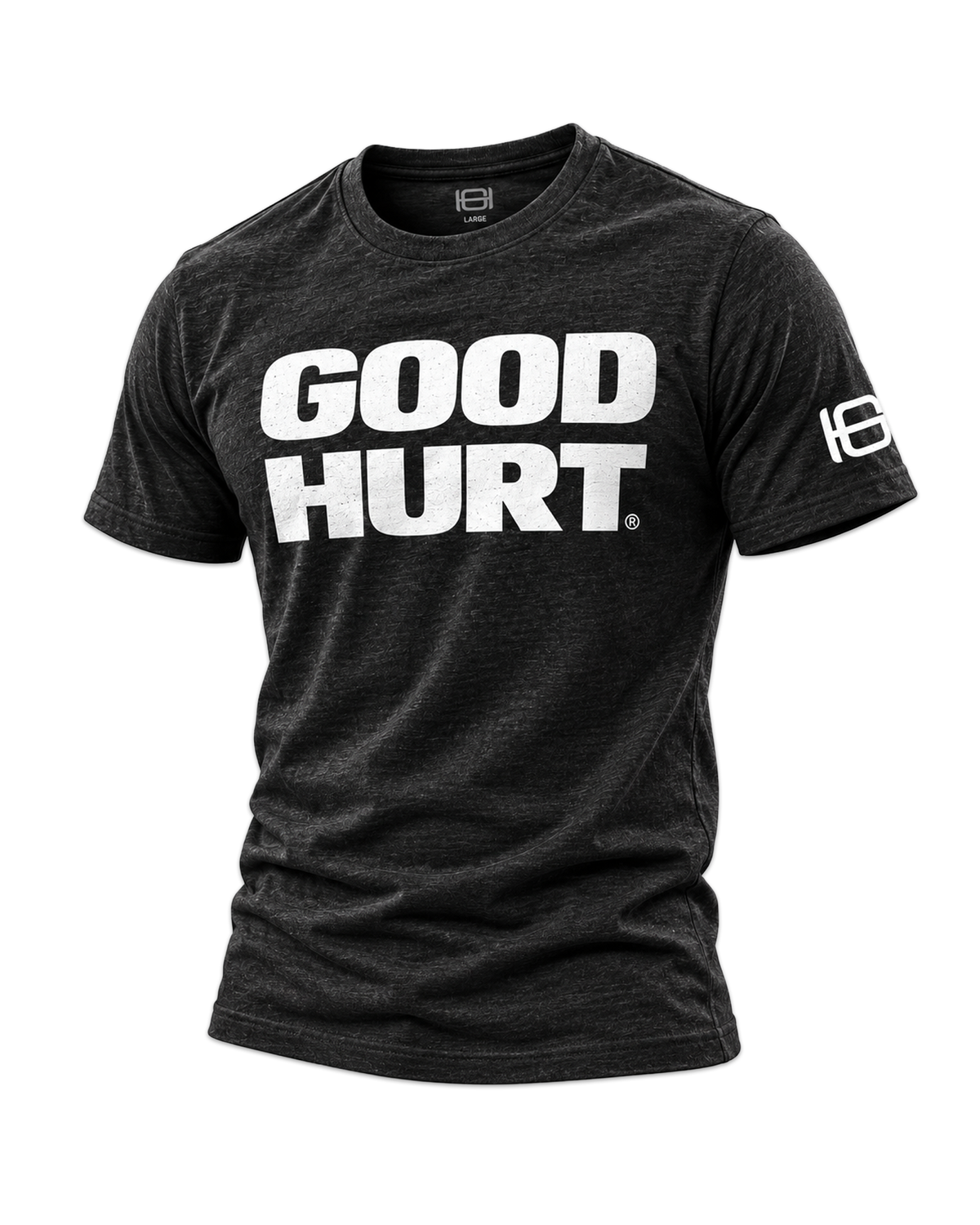 A heather black crewneck t-shirt featuring the words 'GOOD HURT' printed in bold white capital letters across the chest, with a small white logo on the right sleeve.