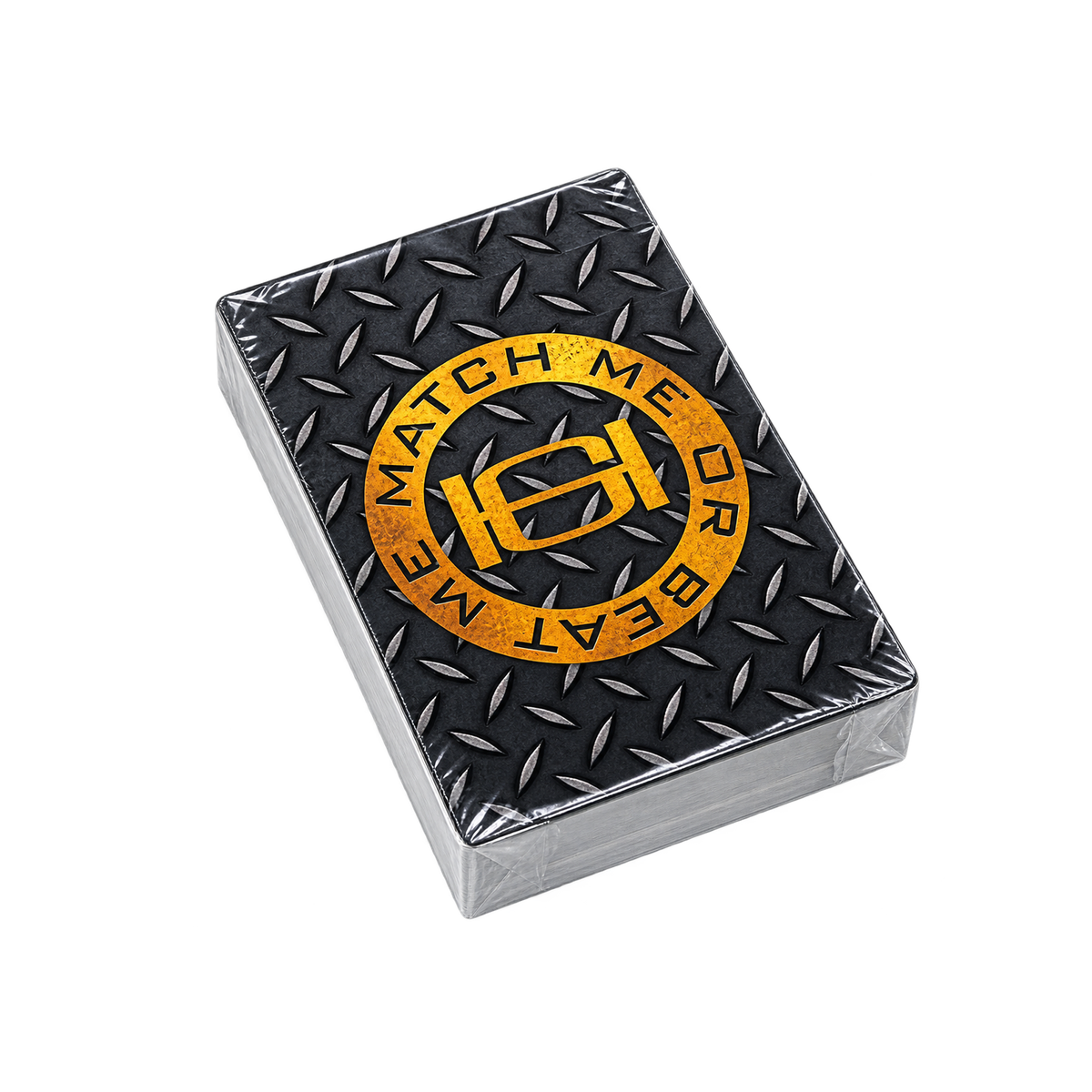 A rectangular product box wrapped in clear plastic, featuring a black diamond plate pattern with a large distressed gold circular logo that reads 'MATCH ME OR BEAT ME' .