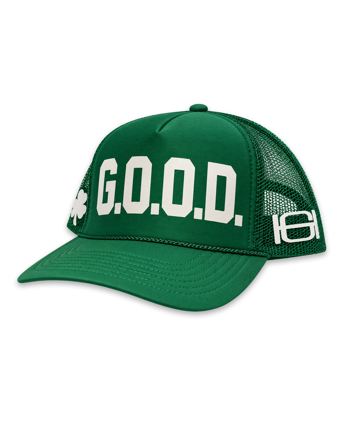 A green trucker-style cap with a curved brim, featuring G.O.O.D.
