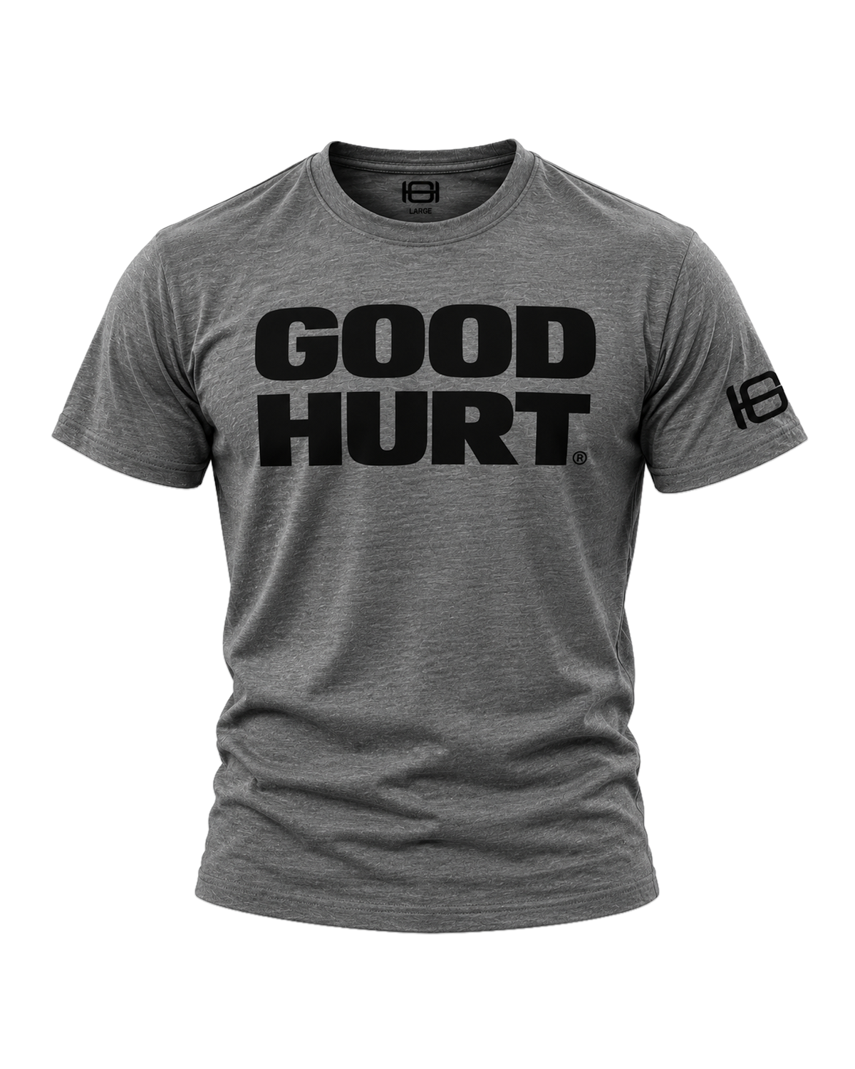 A heather gray crewneck t-shirt with 'GOOD HURT' printed in bold black letters across the chest, and a black logo on the left sleeve, shown on a plain white background.