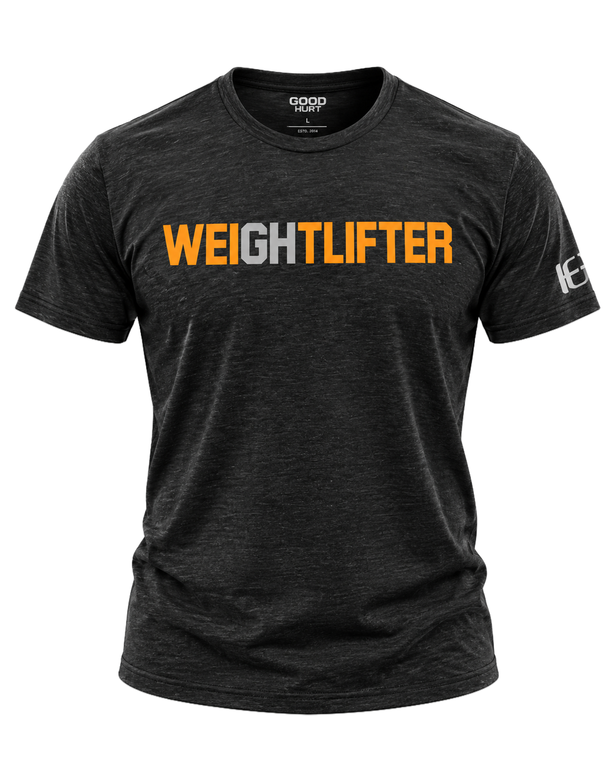 A dark heather black short-sleeve t-shirt with 'WEIGHTLIFTER' printed across the chest in orange and gray, and a logo on the right sleeve. The brand 'GOOD HURT' is visible on the inner neck label.