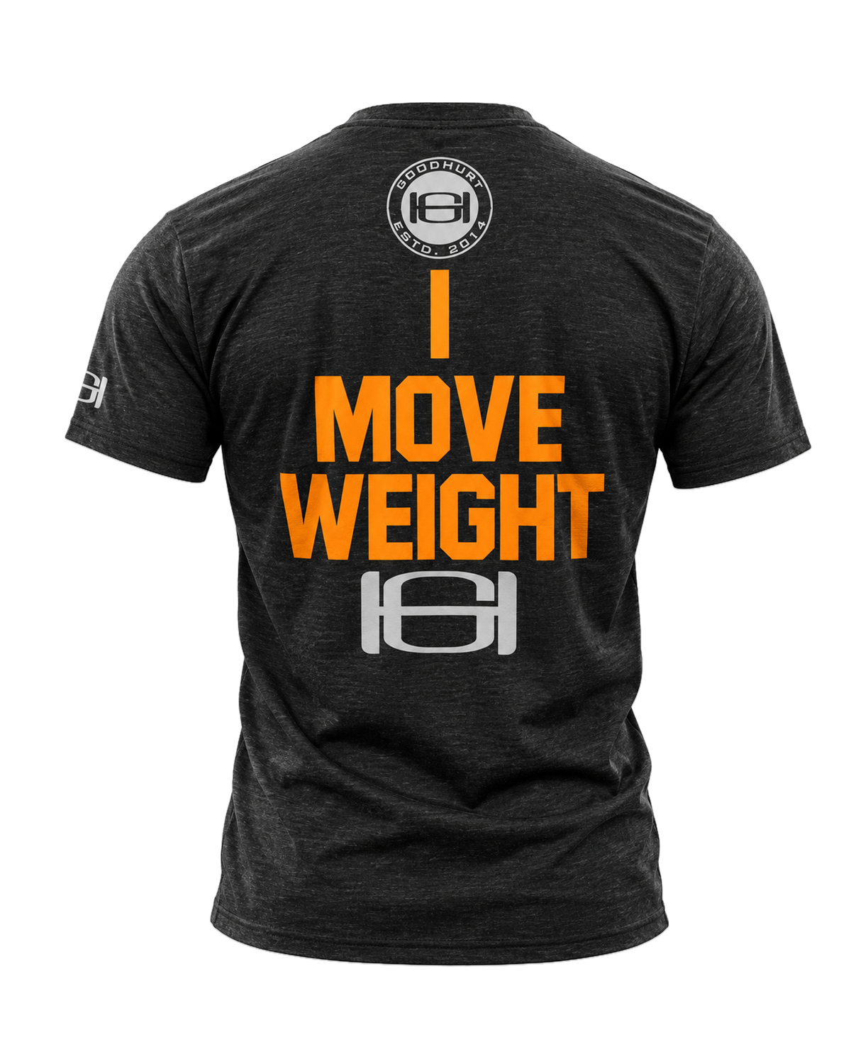 A dark heather black t-shirt shown from the back, featuring a bold graphic with the text 'I MOVE WEIGHT' in orange and gray, along with GOOD HURT brand logos at the top and bottom.