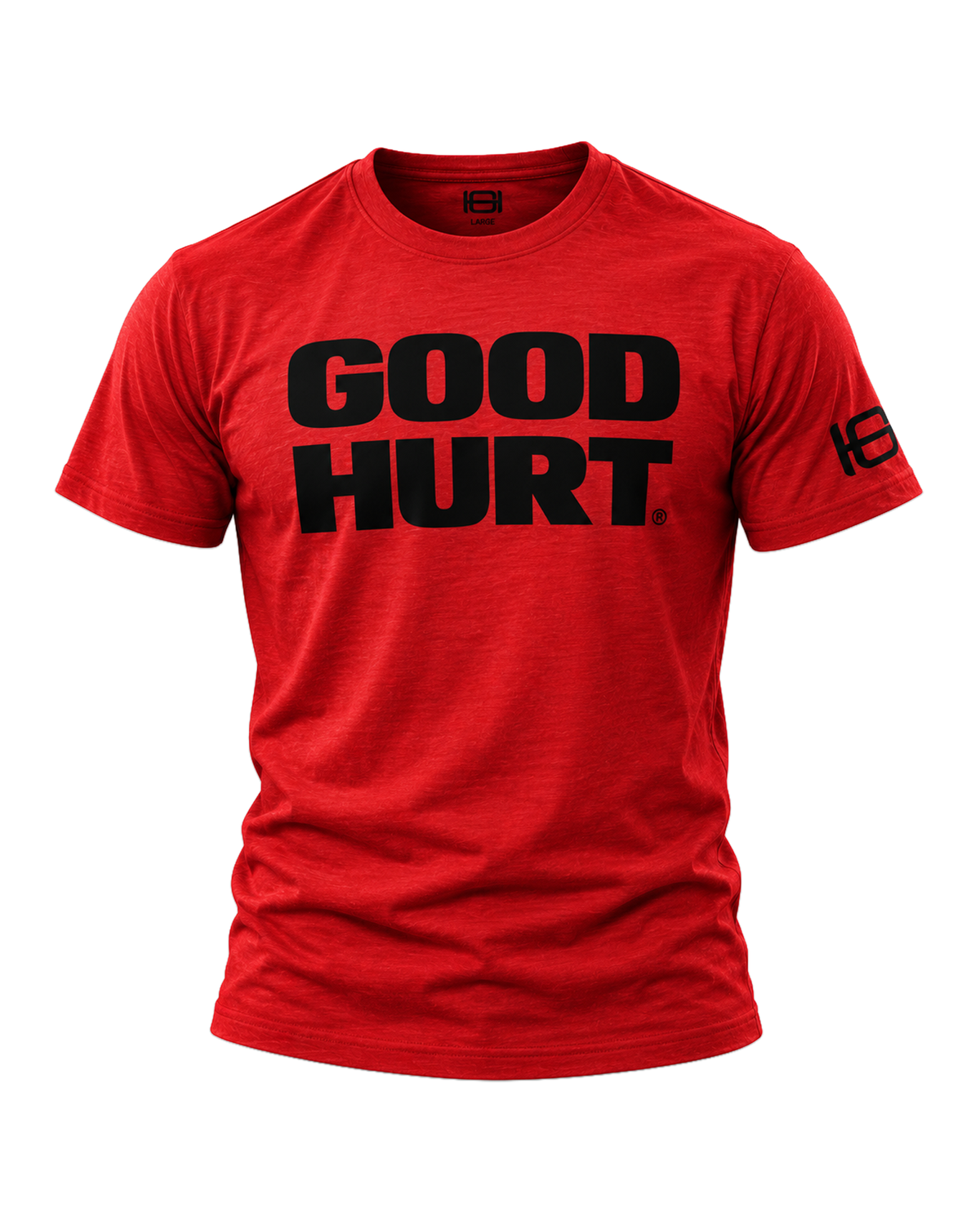 A red short-sleeve crewneck t-shirt with 'GOOD HURT' printed in bold black letters across the chest, and a black logo on the right sleeve, shown against a plain white background.