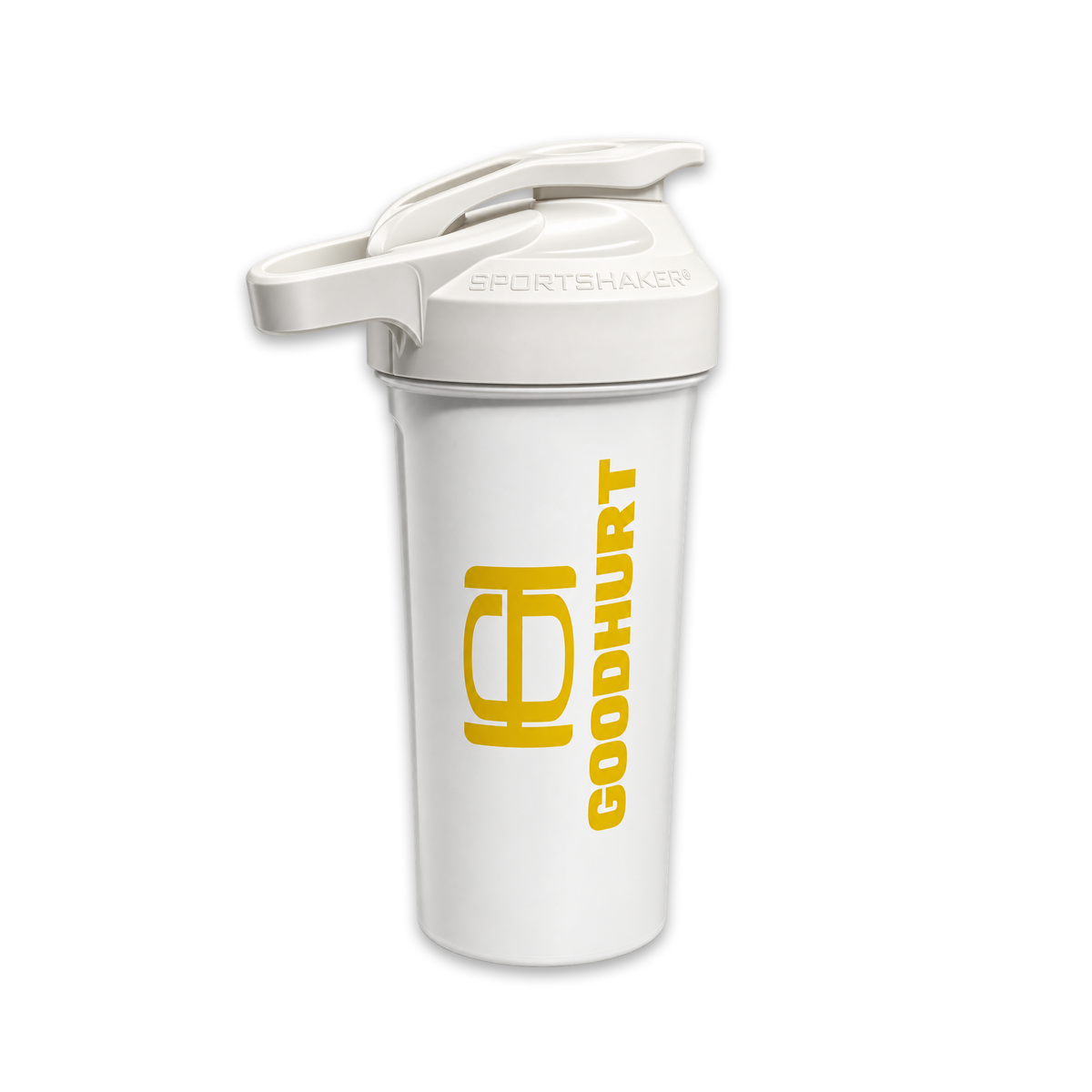 A white plastic shaker bottle with a matching white lid, featuring a yellow GoodHurt logo and text on the front, set against a plain white background.