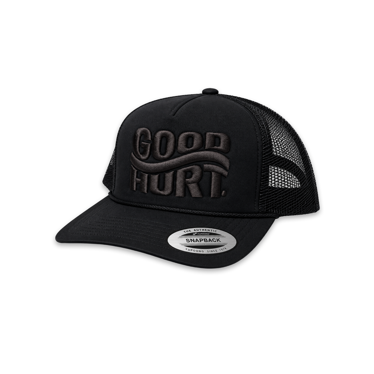 A black trucker hat with a curved brim, black mesh back, and tonal black embroidered 'GOOD HURT' logo on the front. A silver circular sticker on the brim reads 'SNAPBACK'.