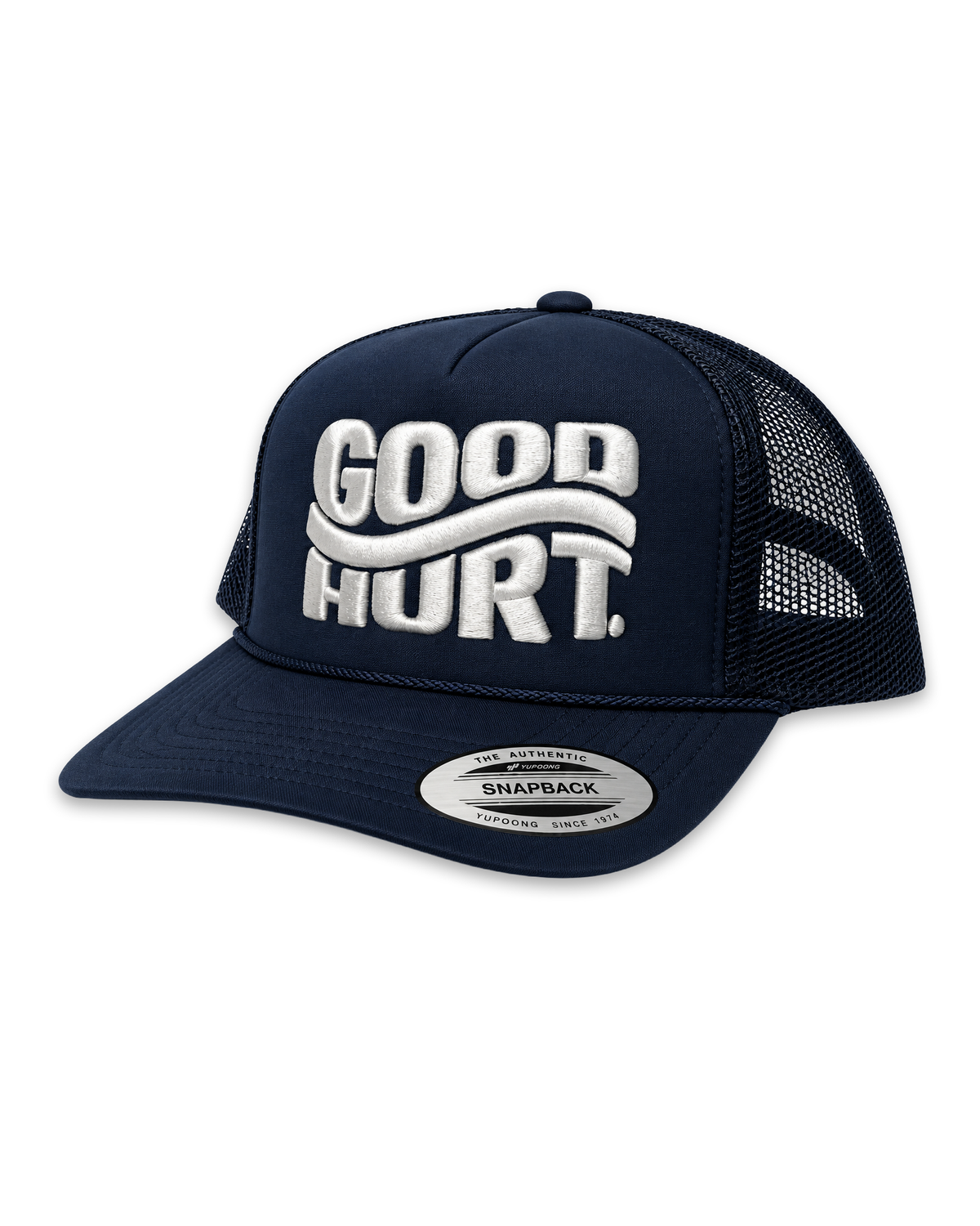 A navy blue trucker hat with white embroidered 'GOOD HURT.' text on the front, featuring a curved white stripe design and a silver Snapback visor sticker.