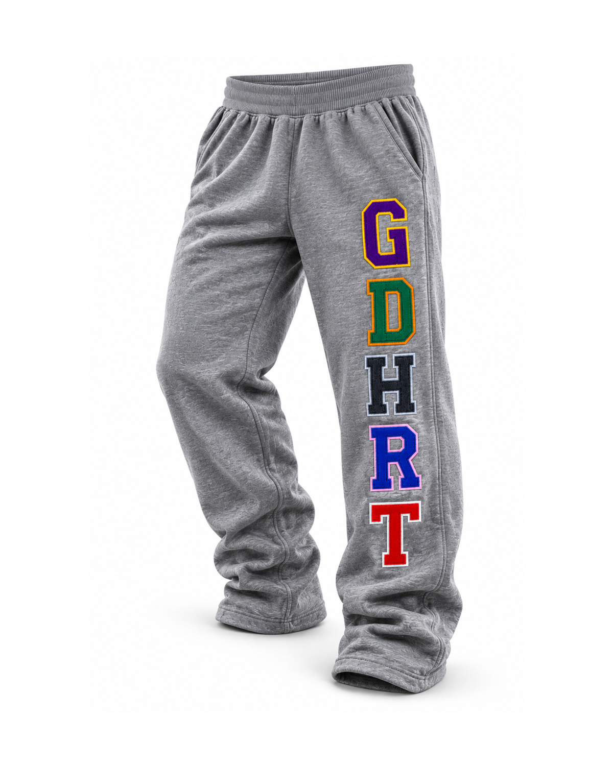 Gray heather sweatpants with the letters 'GDHRT' printed vertically on the left leg in red, blue, black, green, and purple colors, shown on a white background.