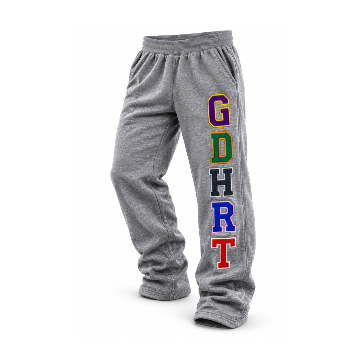 Gray heather sweatpants with the letters 'GDHRT' printed vertically on the left leg in red, blue, black, green, and purple colors, shown on a white background.