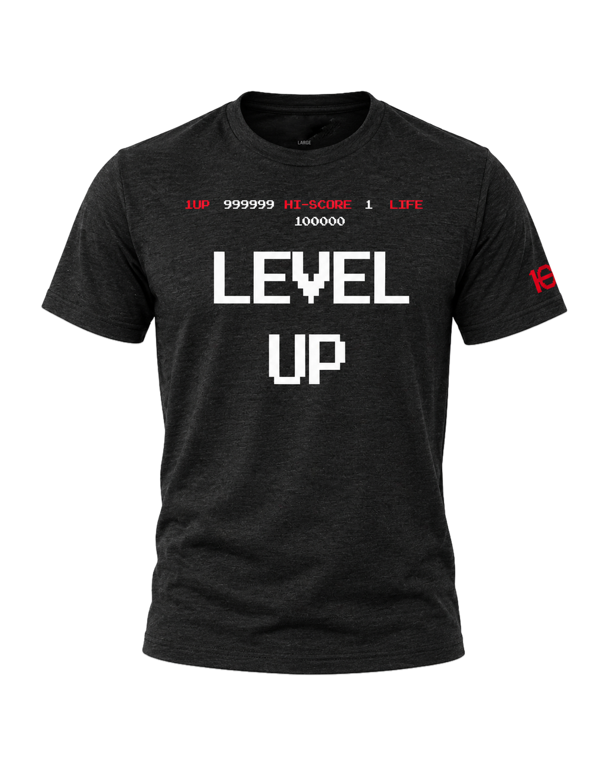 A dark heather gray graphic t-shirt featuring pixelated white text reading 'LEVEL UP' on the front, with red and white digital game-style text printed across the chest and a small red graphic on the left sleeve.