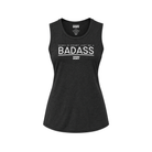 A women's sleeveless racerback tank top in heather black with white printed text on the front reading 'WHEN IN DOUBT JUST BE A BADASS' and 'GOOD HURT' below, shown on a plain white background.