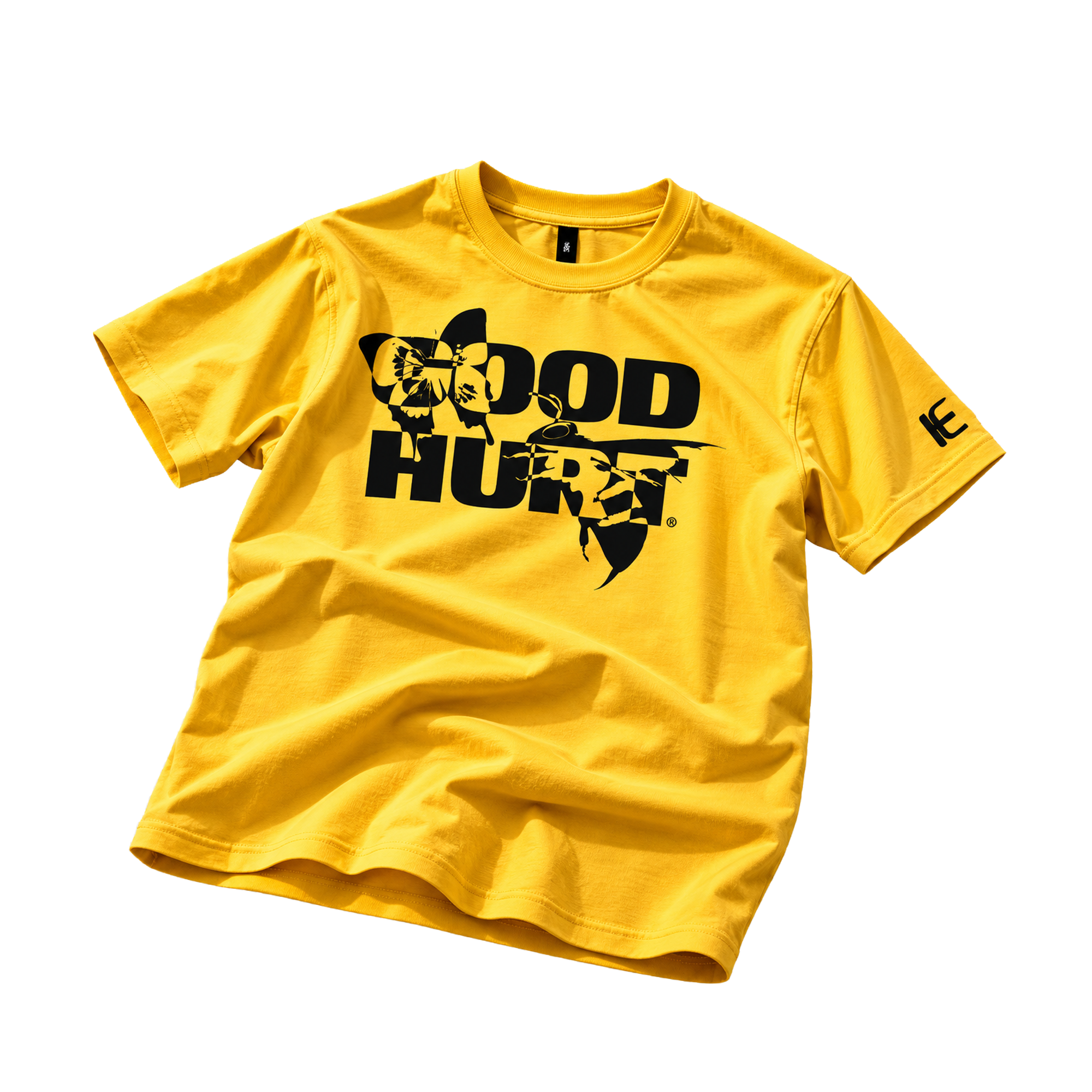 A bright yellow short-sleeve t-shirt with a large black 'GOOD HUNT' graphic on the chest, featuring a deer head silhouette and a bow, shown on a plain white background.