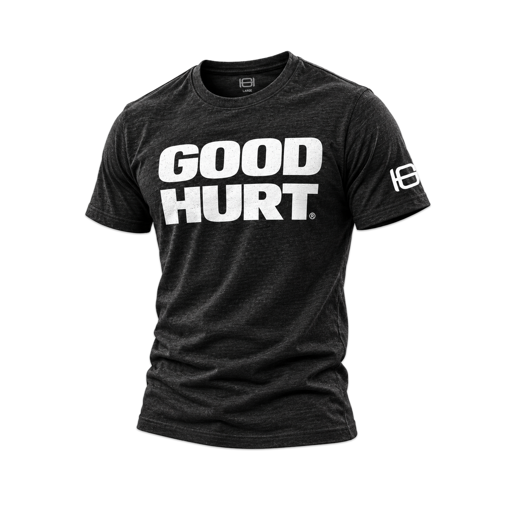 A heather black crewneck t-shirt featuring the words 'GOOD HURT' printed in bold white capital letters across the chest, with a small white logo on the right sleeve.