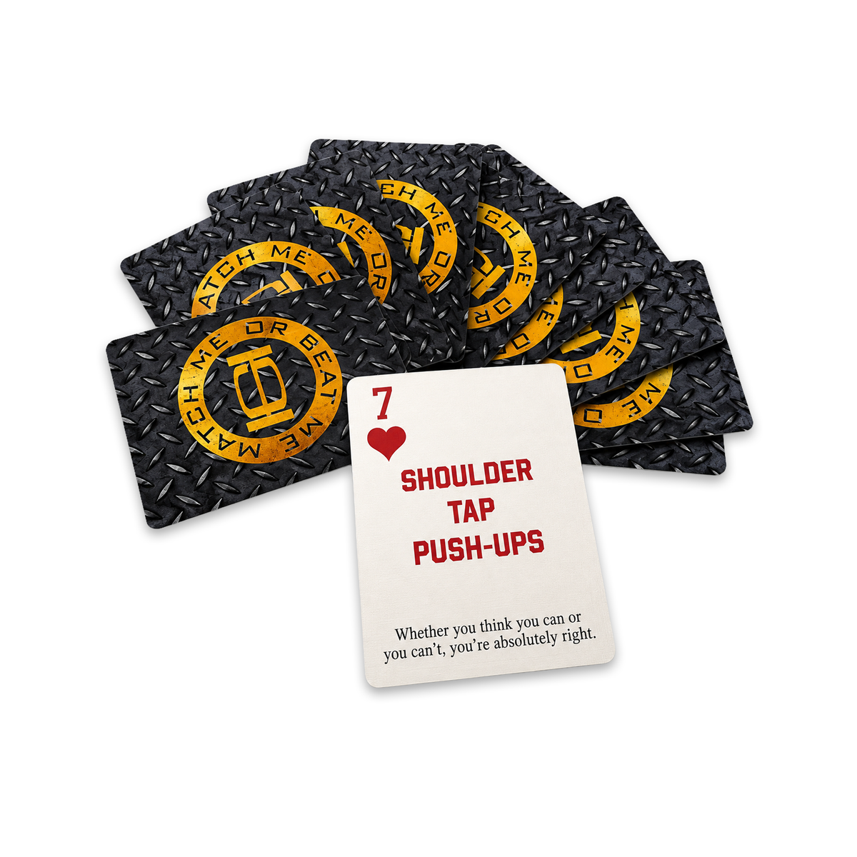 A deck of fitness playing cards with a black diamond-textured background and yellow circular logo, with one card face-up showing the title '7 SHOULDER TAP PUSH-UPS' on a white background.