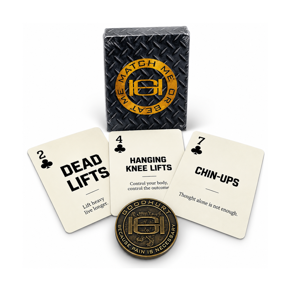 A deck of motivational weightlifting playing cards and matching metal tokens on a clean white background. The set includes a black diamond-textured box with a gold circular logo, three cream-colored cards labeled Dead Lifts, Hanging Knee Lifts, and Chin-Ups, and a round bronze-toned challenge coin.