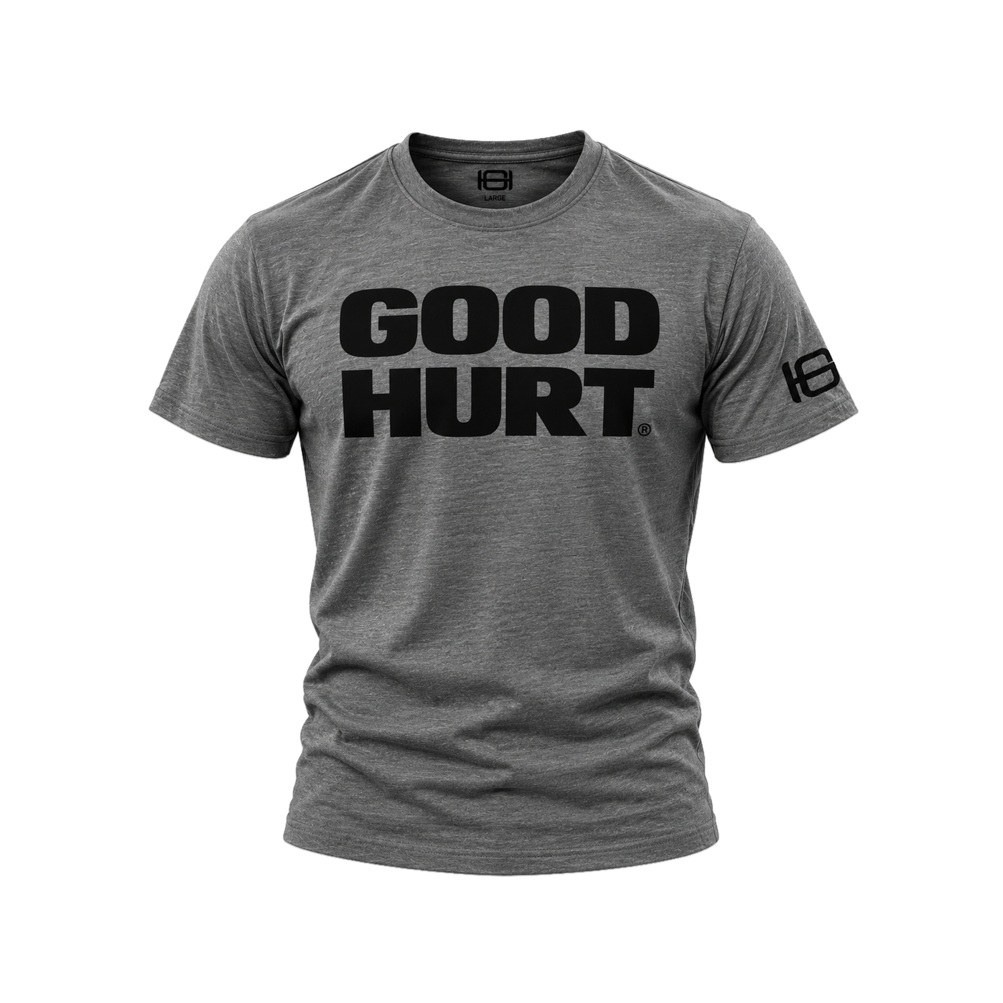 A heather gray crewneck t-shirt with 'GOOD HURT' printed in bold black letters across the chest, and a black logo on the left sleeve, shown on a plain white background.