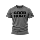 A heather gray crewneck t-shirt with 'GOOD HURT' printed in bold black letters across the chest, and a black logo on the left sleeve, shown on a plain white background.