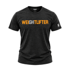 A dark heather black short-sleeve t-shirt with 'WEIGHTLIFTER' printed across the chest in orange and gray, and a logo on the right sleeve. The brand 'GOOD HURT' is visible on the inner neck label.