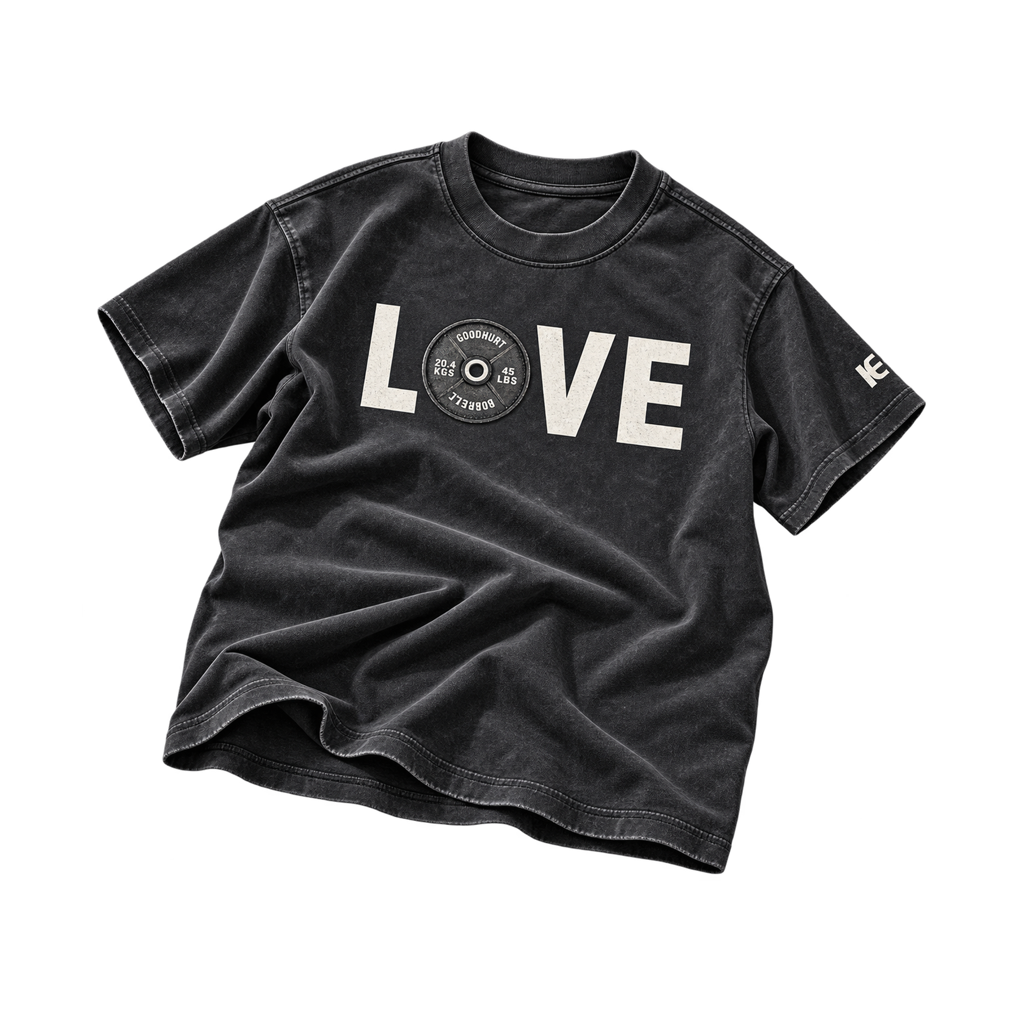 A washed black short-sleeve t-shirt with a distressed graphic on the chest spelling 'LOVE' in white, with a central circular graphic containing the text 'VETERANS ONLY'. A small white graphic is printed on the right sleeve.