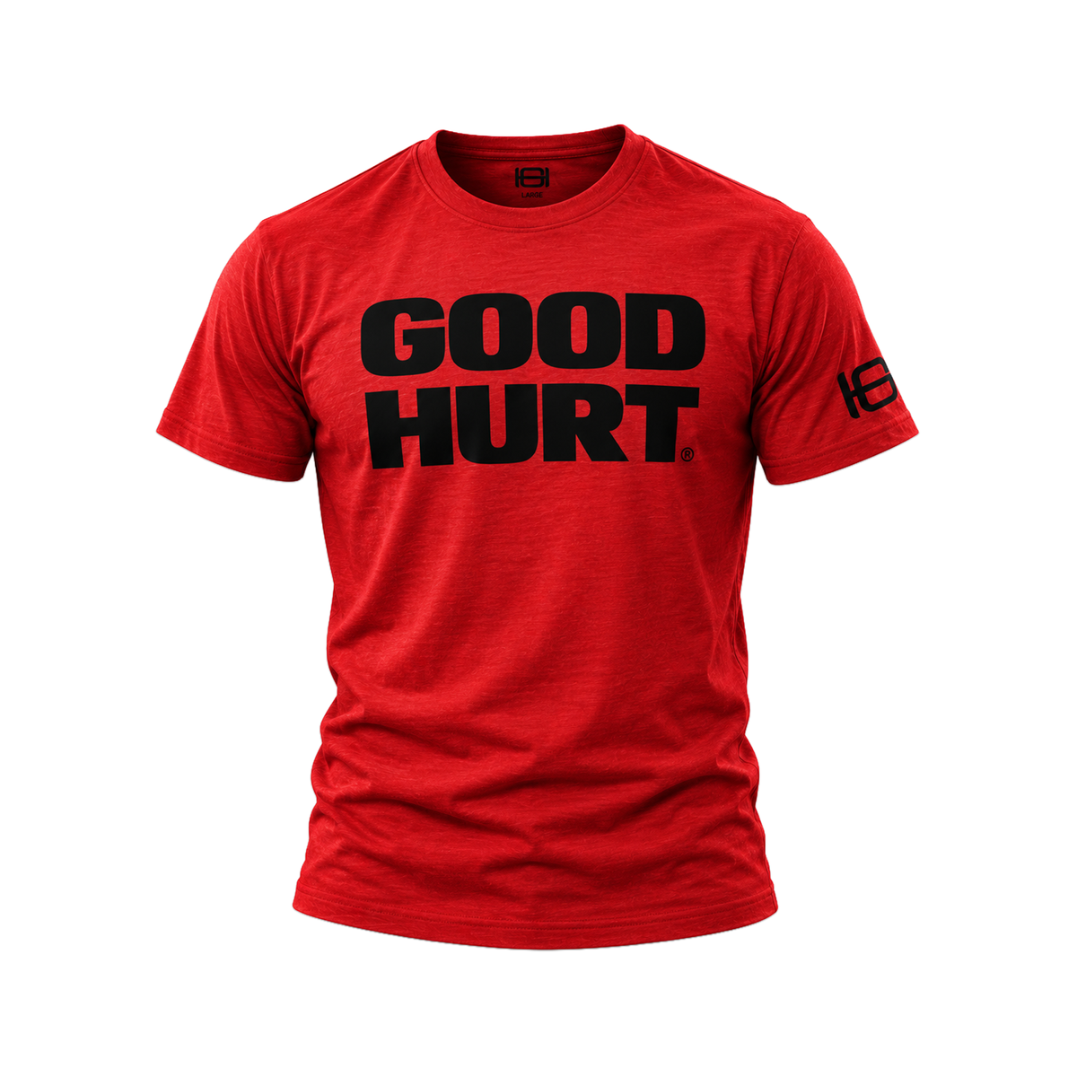 A red short-sleeve crewneck t-shirt with 'GOOD HURT' printed in bold black letters across the chest, and a black logo on the right sleeve, shown against a plain white background.