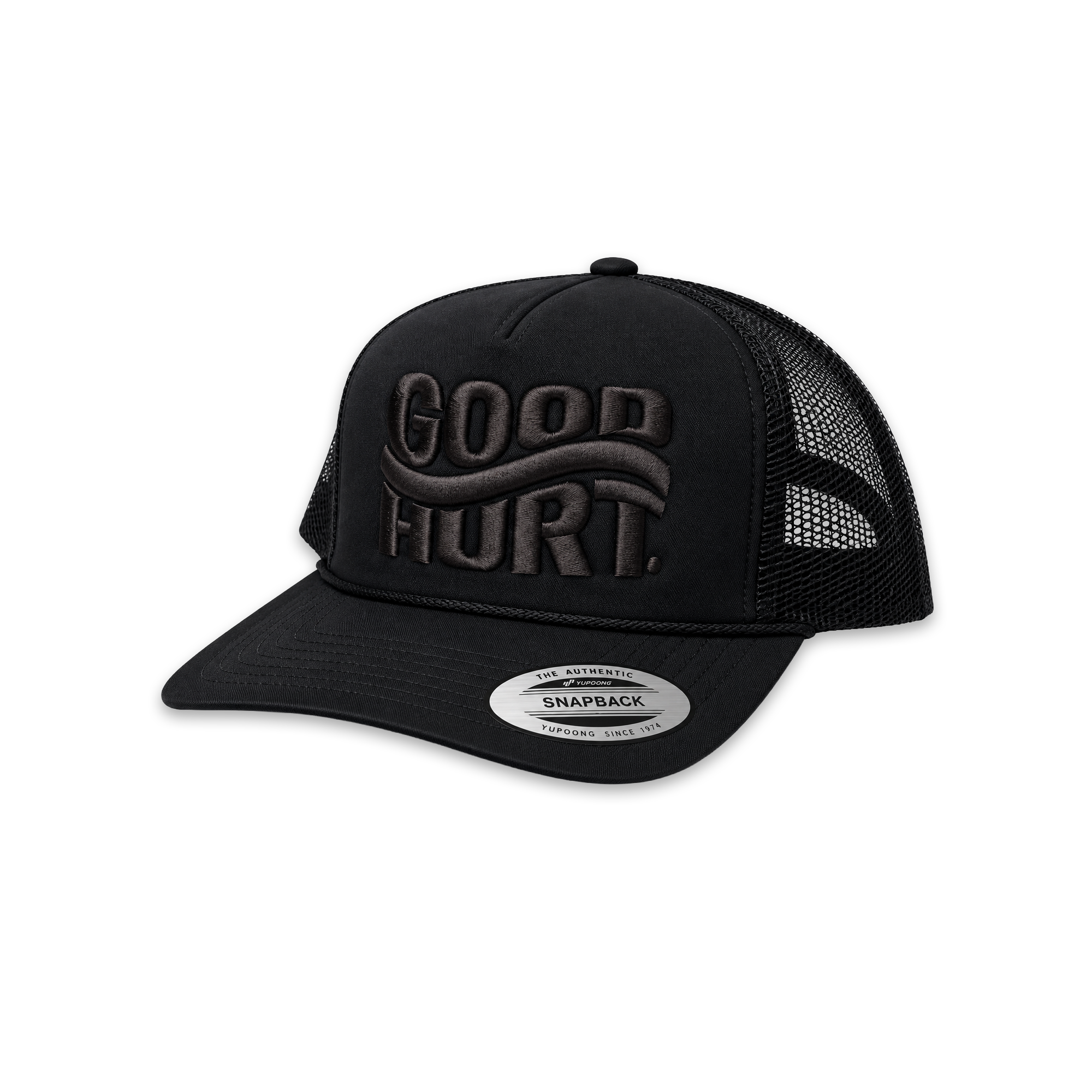 A black trucker hat with a curved brim, black mesh back, and tonal black embroidered 'GOOD HURT' logo on the front. A silver circular sticker on the brim reads 'SNAPBACK'.