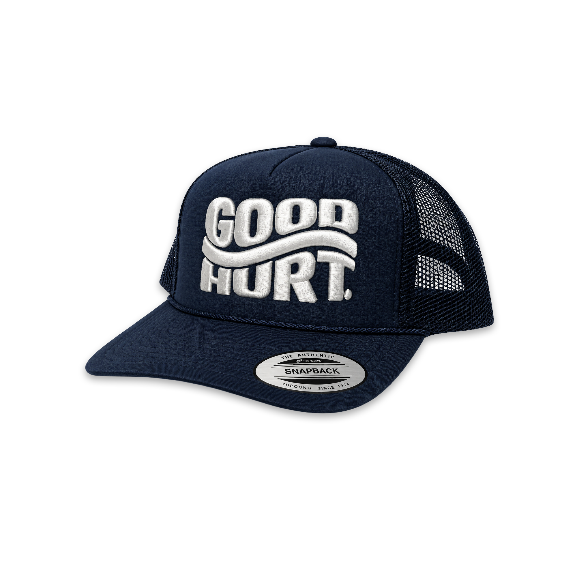 A navy blue trucker hat with white embroidered 'GOOD HURT.' text on the front, featuring a curved white stripe design and a silver Snapback visor sticker.