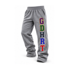 Gray heather sweatpants with the letters 'GDHRT' printed vertically on the left leg in red, blue, black, green, and purple colors, shown on a white background.