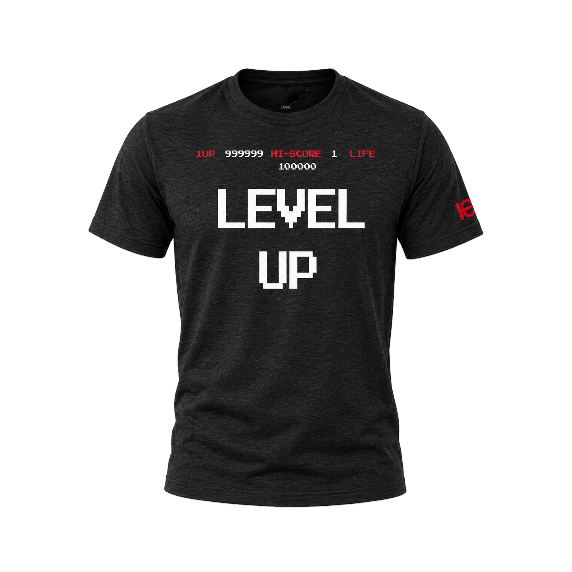 A dark heather gray graphic t-shirt featuring pixelated white text reading 'LEVEL UP' on the front, with red and white digital game-style text printed across the chest and a small red graphic on the left sleeve.